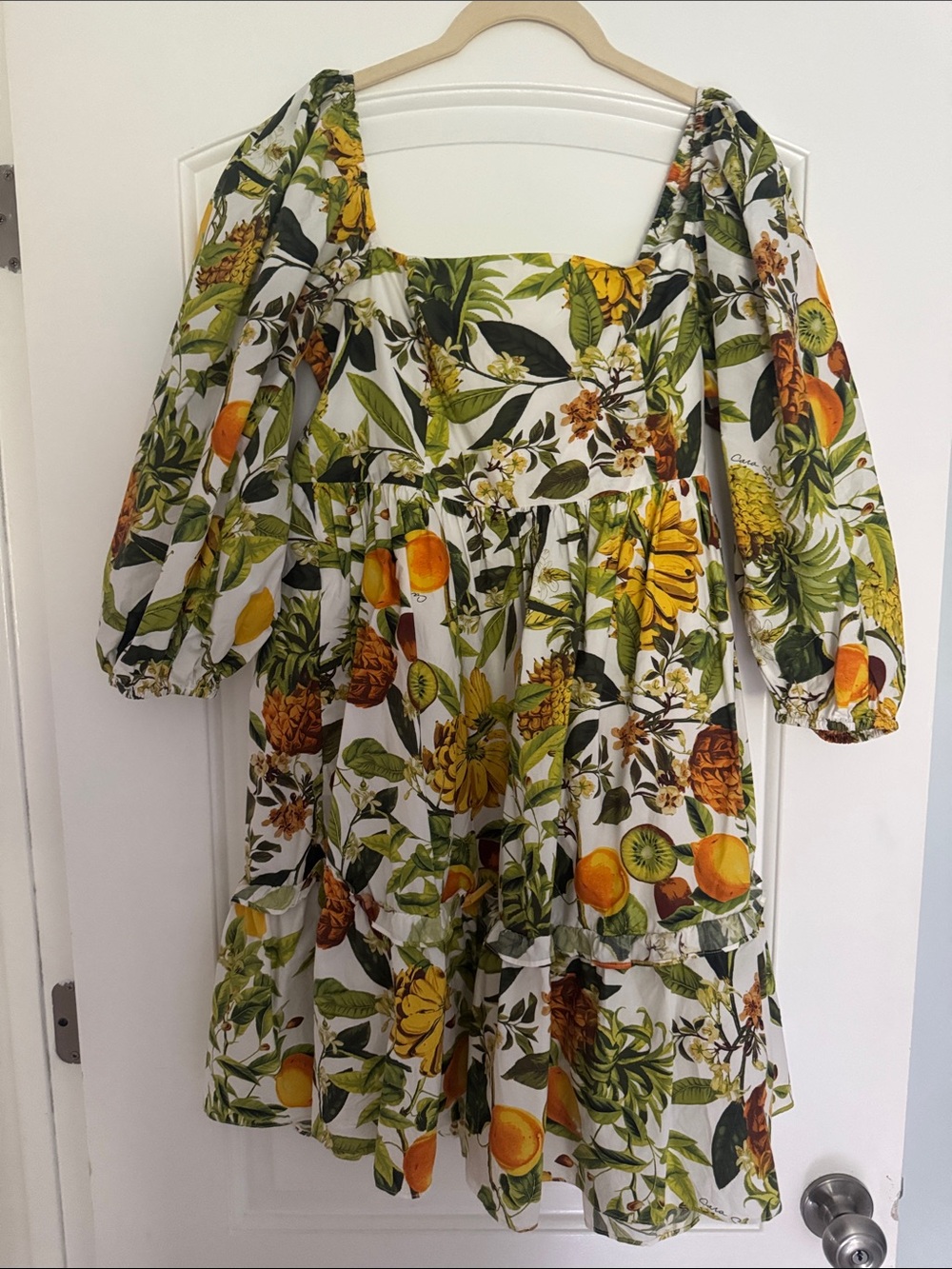 Cara Cara White Tropical Fruit Print Mini Dress with Puff Sleeves